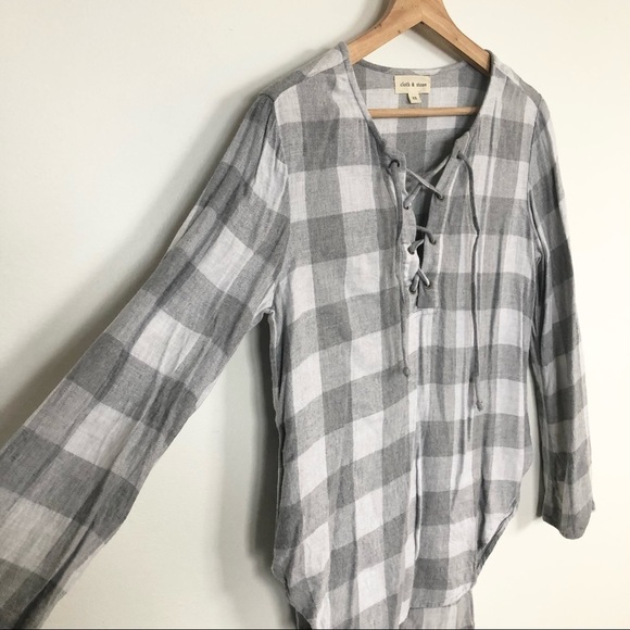 Cloth & Stone gray lace up neck high low hem check print flannel shirt size XS - Picture 2 of 5